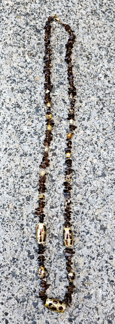 Vtg 30" Glass Amber Foil Beads 1/20 14k Claw Latch Necklace Knotted